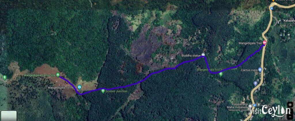 Hand-drawn sketch outlining the first trail of Wangedigala, showing key landmarks and features.