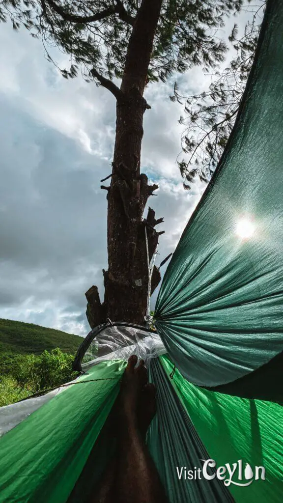 A person relaxing in a hammock at the famous Bopaththalawa campsite.