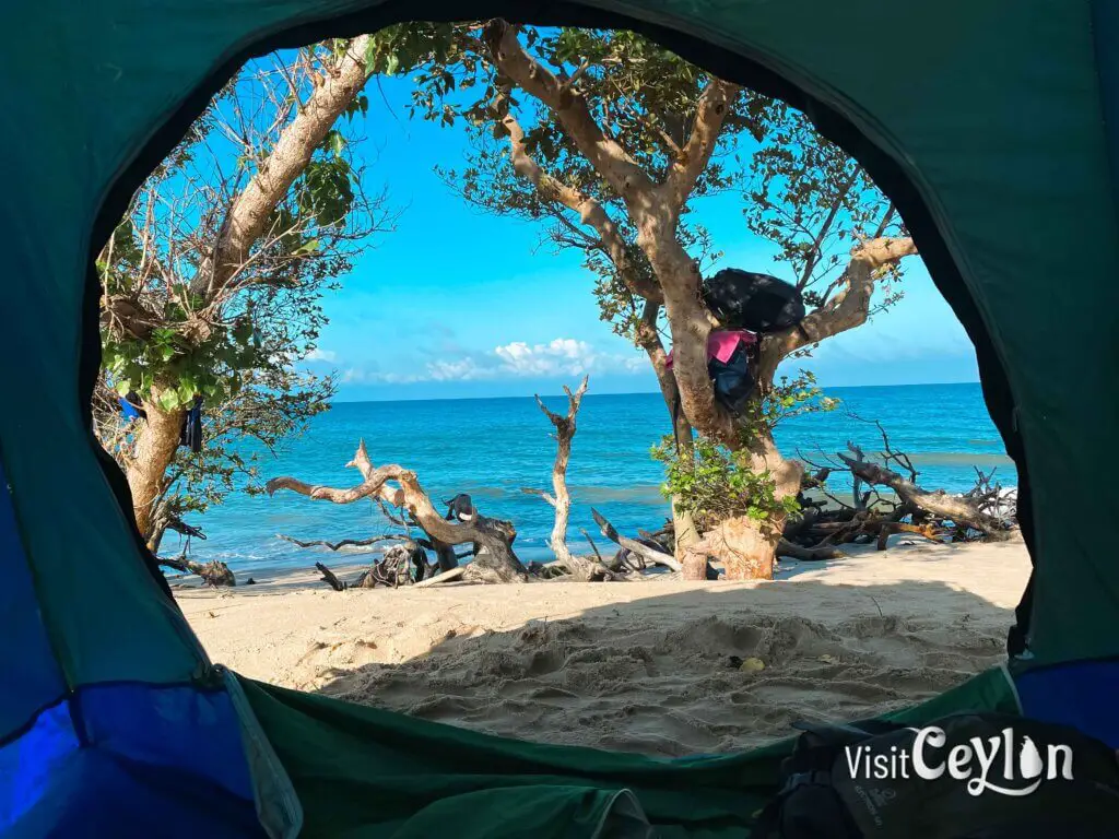 View of the beach from inside a tent, with sandy shore and calm ocean waters.