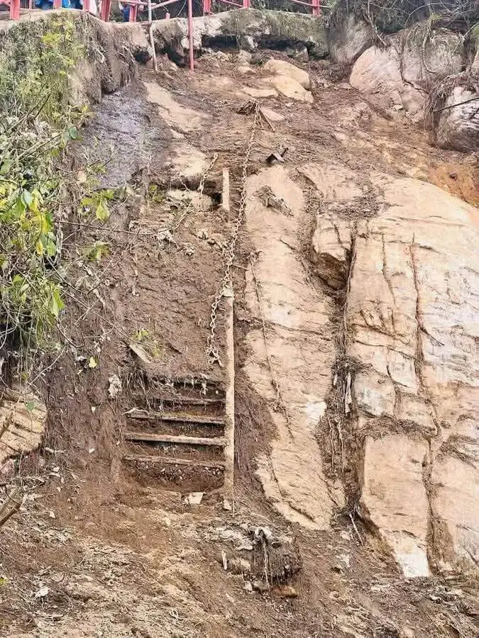 Ancient iron steps and chains of Sri Pada exposed after a recent landslide.