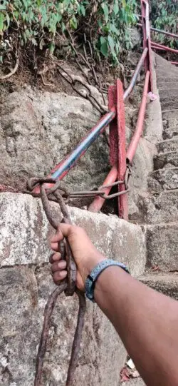 Ancient iron chains of Sri Pada – Looks still strong. Ancient iron chains on Sri Pada trail appearing strong and sturdy for pilgrims.